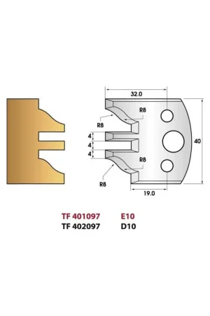 Achat Immédiat Jeu de 2 fers de toupie n°097 pour profil, contre-profil , hauteur 40 mm