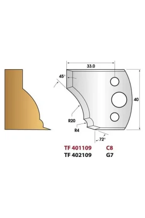 Marque Jeu de 2 fers de toupie n°109 profil pied de table, hauteur 40 mm