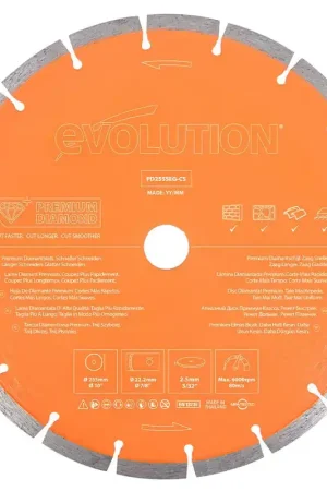 Disque diamant premium segmenté 255mm alésage 22,2mm Evolution pour scie à béton Dernier Modèle